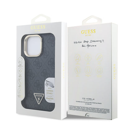 iPhone 13 Pro Max Kılıf Guess Orjinal Lisanslı PU Deri Taşlı Üçgen Logo 4G Desenli Kamera Standlı Kılıf