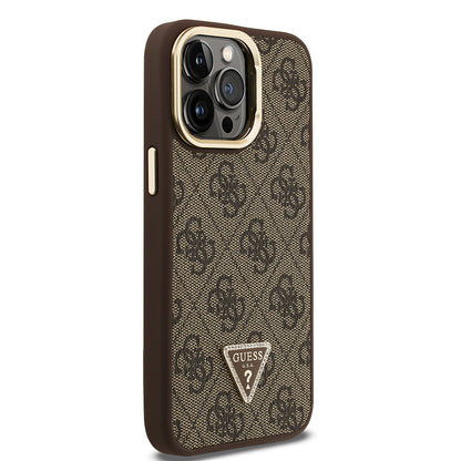 iPhone 13 Pro Max Kılıf Guess Orjinal Lisanslı PU Deri Taşlı Üçgen Logo 4G Desenli Kamera Standlı Kılıf