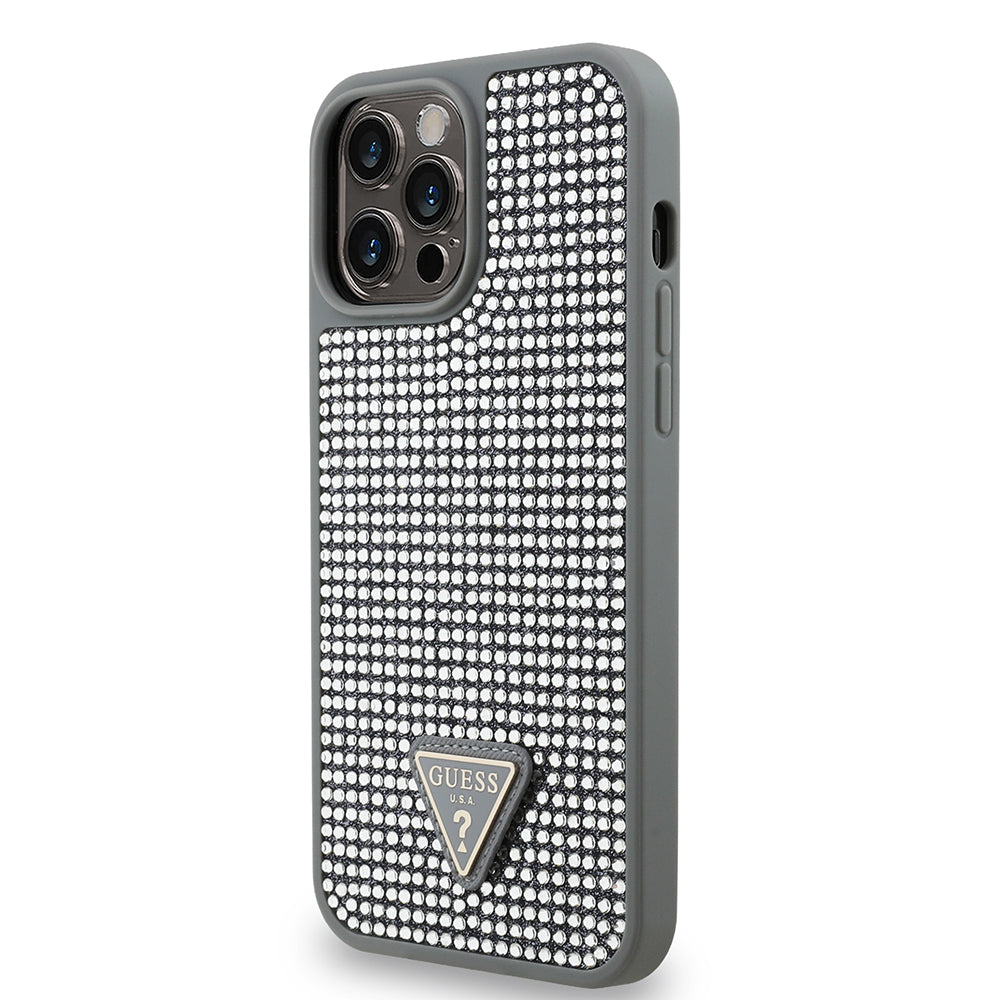 iPhone 13 Pro Max Kılıf Guess Orjinal Lisanslı Taşlı Arka Yüzey Üçgen Logolu Kılıf