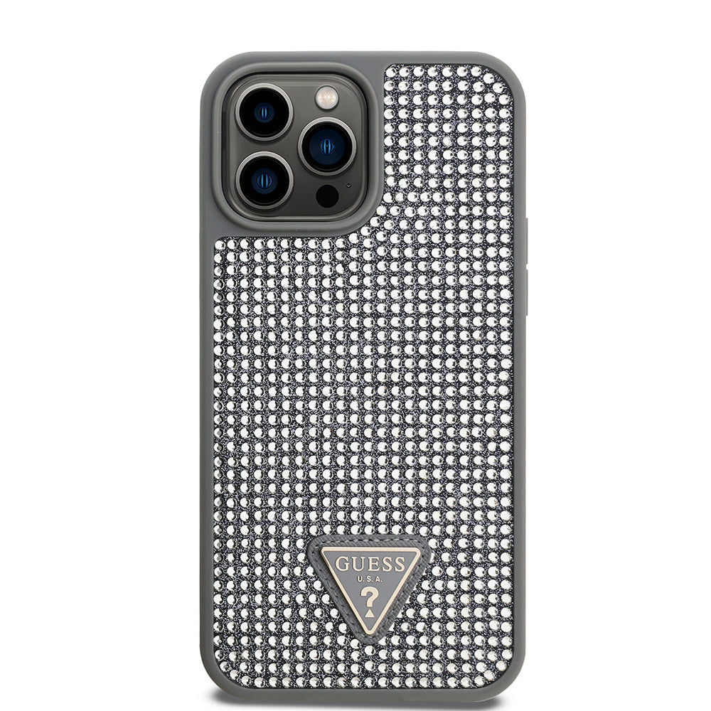 iPhone 13 Pro Max Kılıf Guess Orjinal Lisanslı Taşlı Arka Yüzey Üçgen Logolu Kılıf