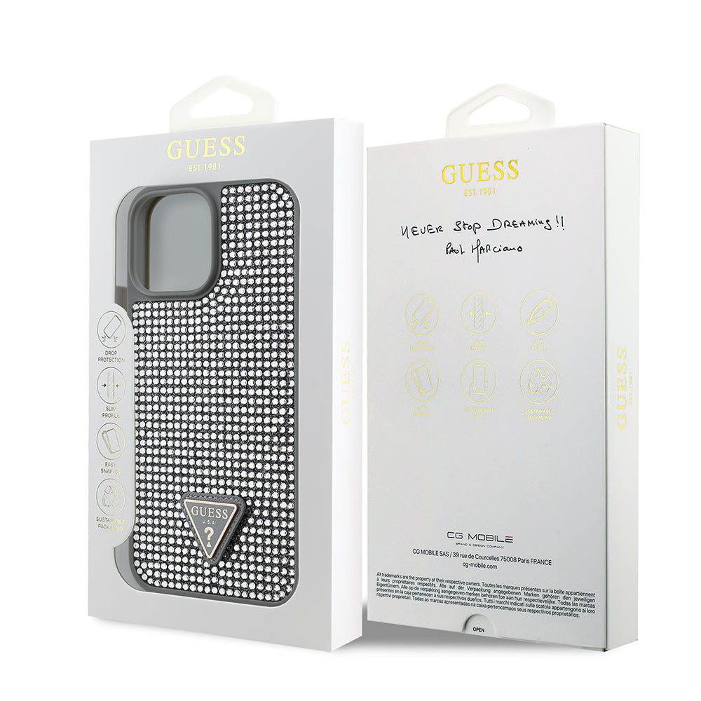 iPhone 13 Pro Max Kılıf Guess Orjinal Lisanslı Taşlı Arka Yüzey Üçgen Logolu Kılıf