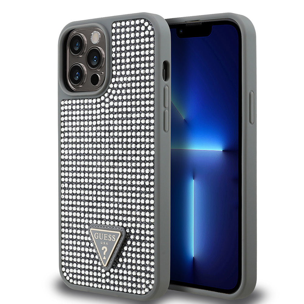 iPhone 13 Pro Max Kılıf Guess Orjinal Lisanslı Taşlı Arka Yüzey Üçgen Logolu Kılıf