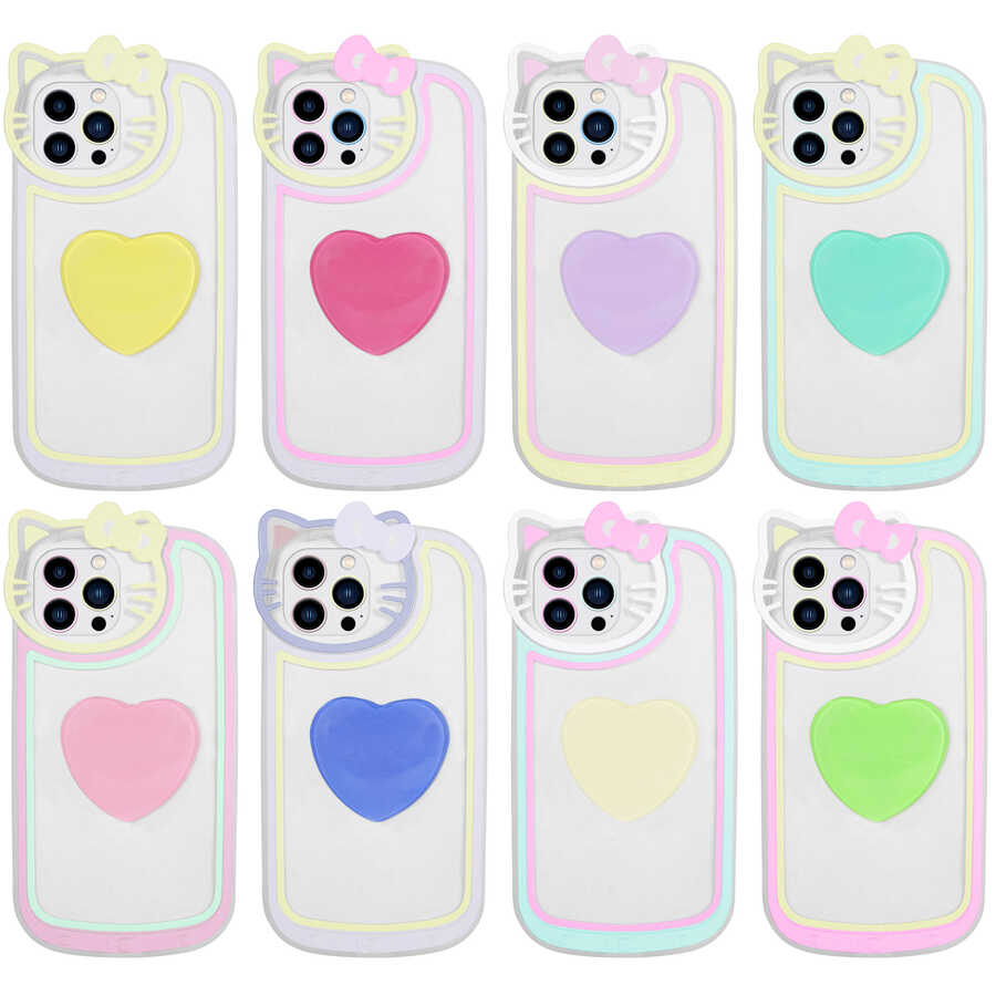 Apple iPhone 13 Pro Max Kılıf Kedi Figürlü Transparan Pop Soketli Zore Ritmik Kapak Sarı