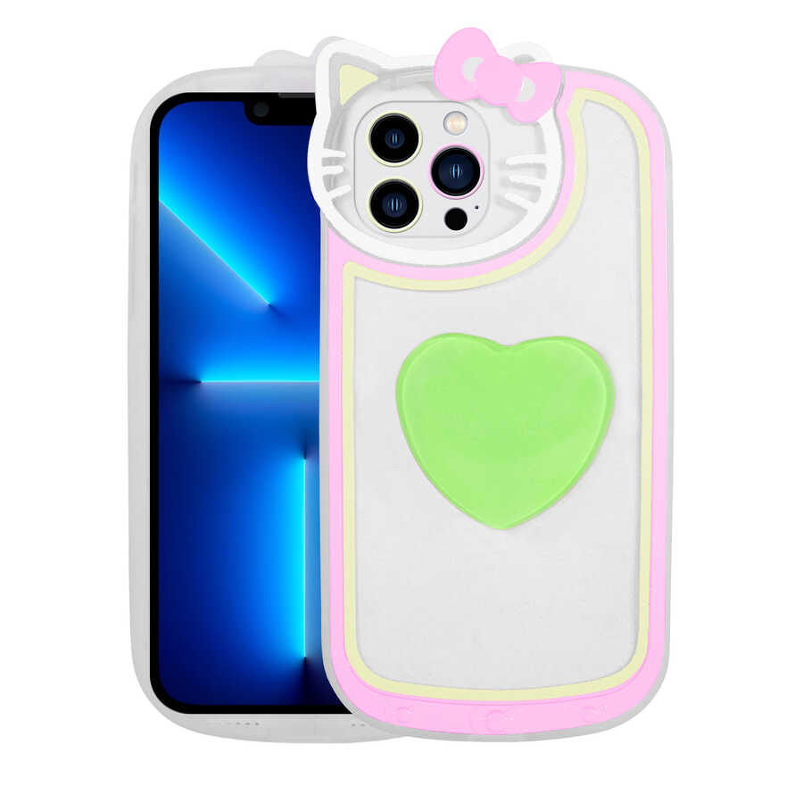 Apple iPhone 13 Pro Max Kılıf Kedi Figürlü Transparan Pop Soketli Zore Ritmik Kapak Yeşil