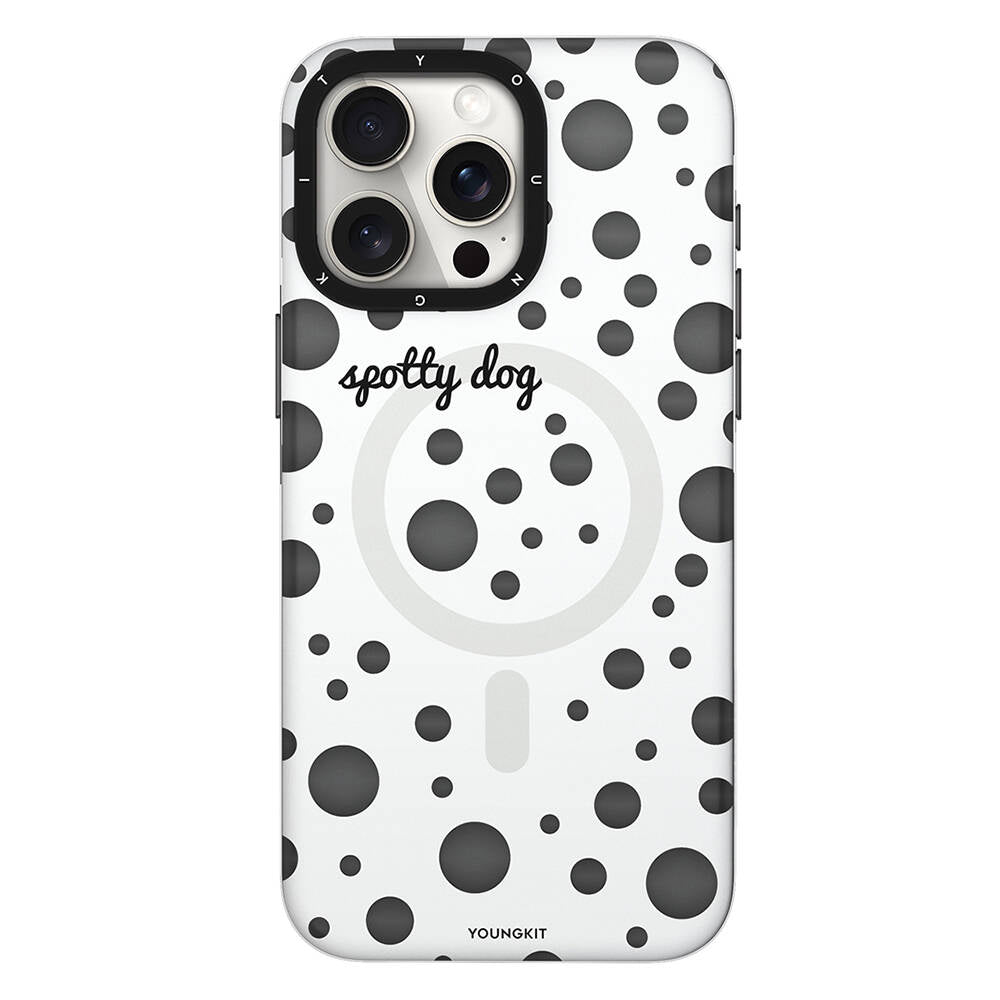 Apple iPhone 13 Pro Max Kılıf Magsafe Şarj Özellikli Polka Dot Desenli Youngkit Spots Serisi Kapak Beyaz