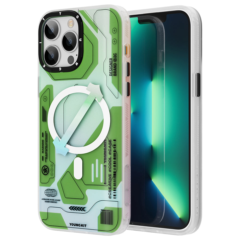 Apple iPhone 13 Pro Max Kılıf Magsafe Şarj Özellikli YoungKit Metaverse Serisi Kapak Yeşil