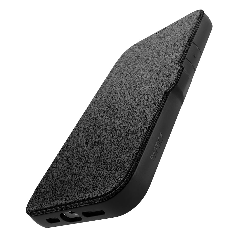 Apple iPhone 13 Pro Max Kılıf Vegan Deri Tasarımlı Şeffaf Arka Yüzey Kartlıklı Raptic Urban Folio Serisi Kapak Siyah