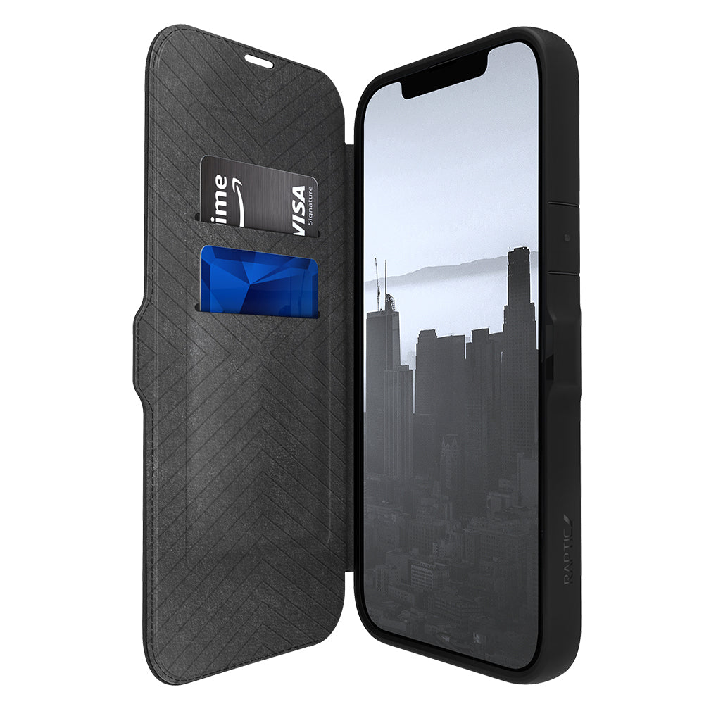 iPhone 13 Pro Max Kılıf Vegan Deri Tasarımlı Şeffaf Arka Yüzey Kartlıklı Raptic Urban Folio Serisi Kılıf