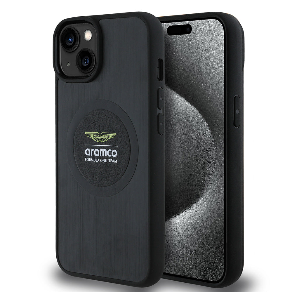 Apple iPhone 14 Kılıf Aston Martin Orjinal Lisanslı M-safe Şarj Özellikli Aluminyum Arka Yüzeyli Formula One Team Baskılı Kapak Siyah
