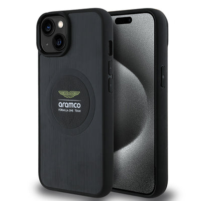 Apple iPhone 14 Kılıf Aston Martin Orjinal Lisanslı M-safe Şarj Özellikli Aluminyum Arka Yüzeyli Formula One Team Baskılı Kapak Siyah