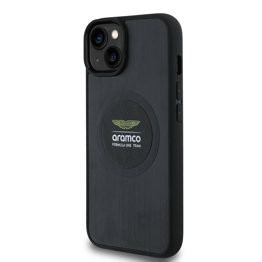 Apple iPhone 14 Kılıf Aston Martin Orjinal Lisanslı M-safe Şarj Özellikli Aluminyum Arka Yüzeyli Formula One Team Baskılı Kapak Siyah