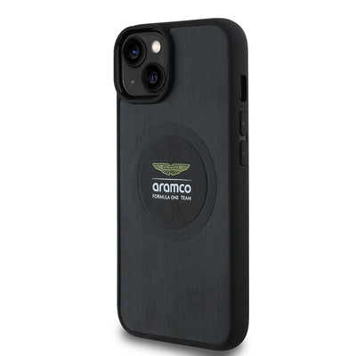 Apple iPhone 14 Kılıf Aston Martin Orjinal Lisanslı M-safe Şarj Özellikli Aluminyum Arka Yüzeyli Formula One Team Baskılı Kapak Siyah