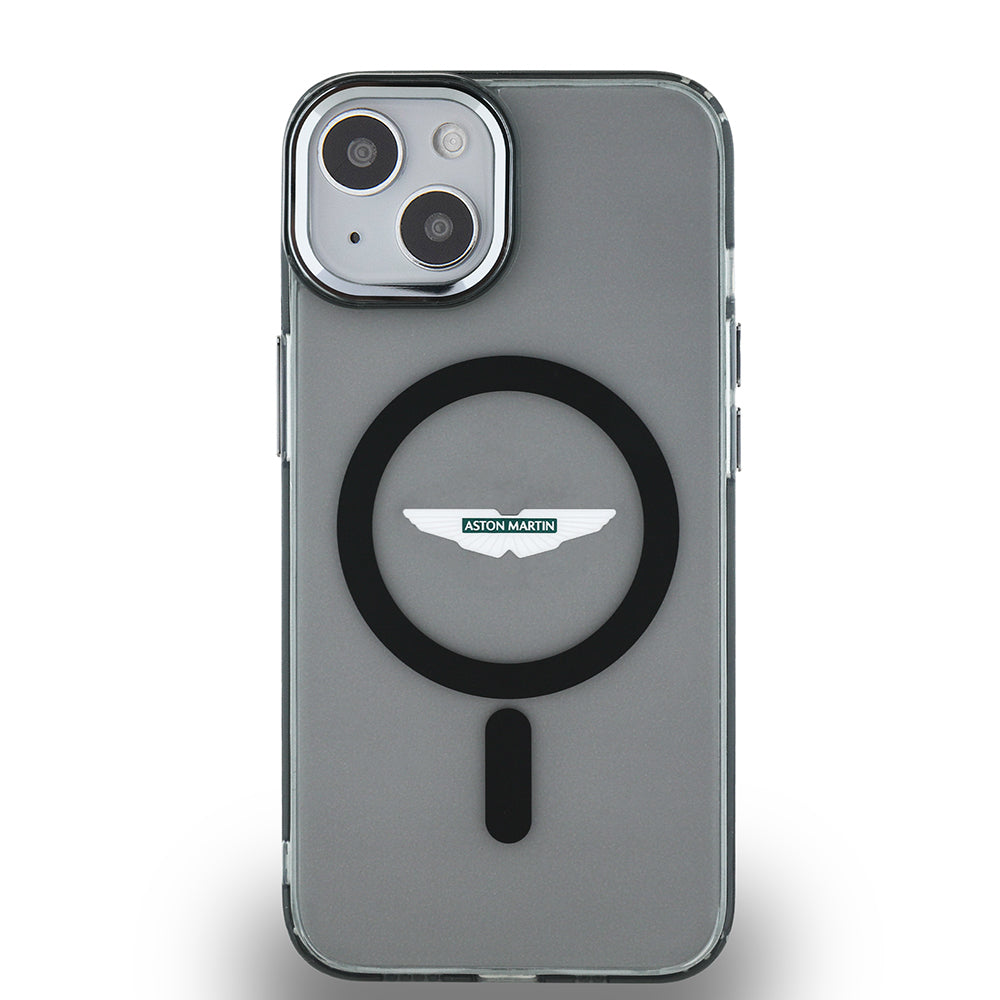 Apple iPhone 14 Kılıf Aston Martin Orjinal Lisanslı M-safe Şarj Özellikli  IML Baskı Logolu Metal Düğmeli Kapak Siyah
