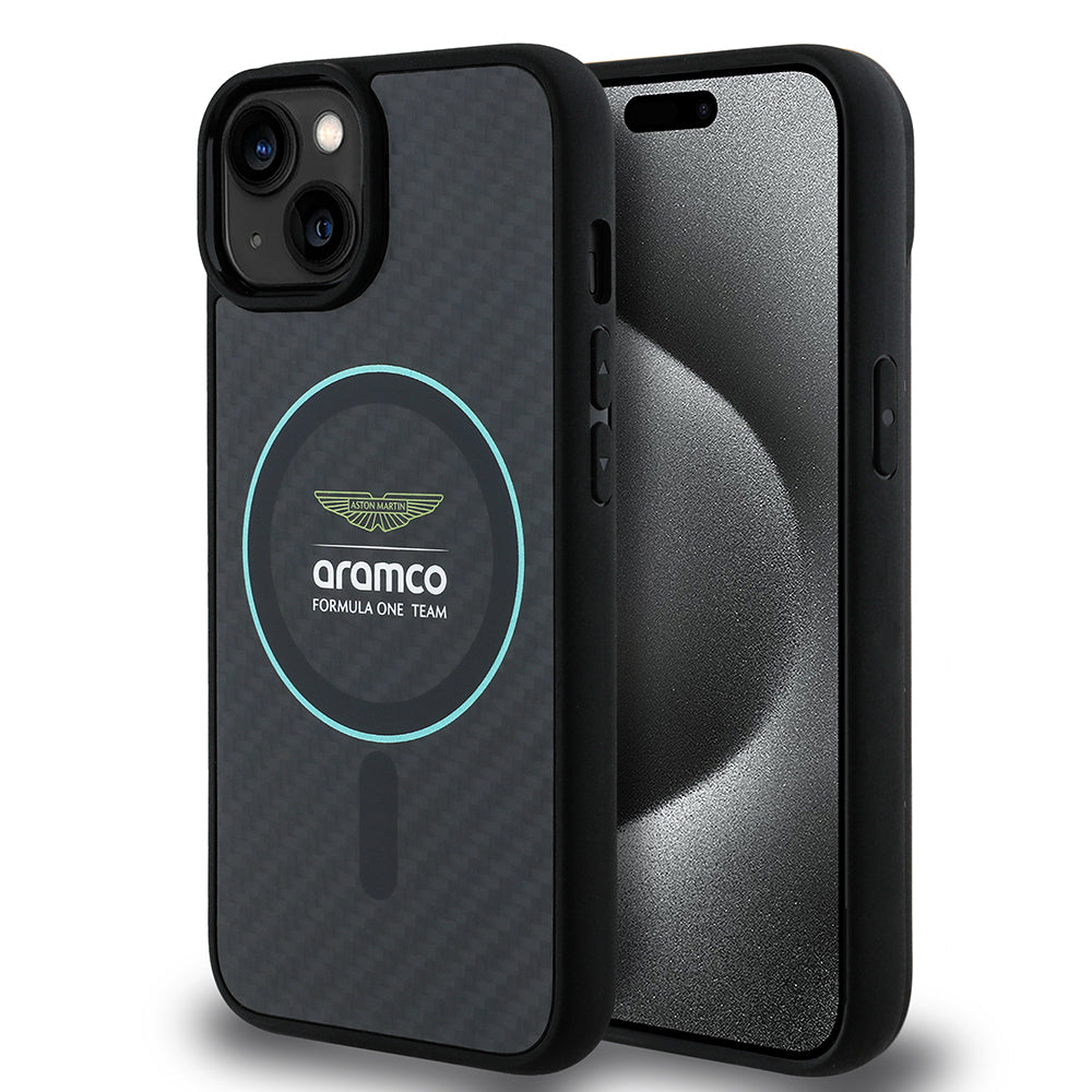 Apple iPhone 14 Kılıf Aston Martin Orjinal Lisanslı M-safe Şarj Özellikli Renkli Halka ve Karbon Fiber Tasarımlı Kapak Siyah-Yeşil