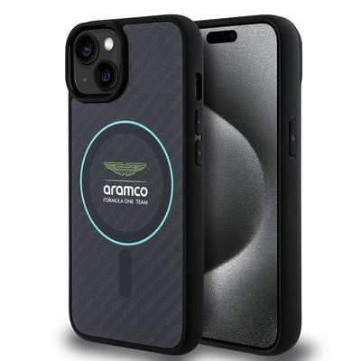 Apple iPhone 14 Kılıf Aston Martin Orjinal Lisanslı M-safe Şarj Özellikli Renkli Halka ve Karbon Fiber Tasarımlı Kapak Siyah-Yeşil