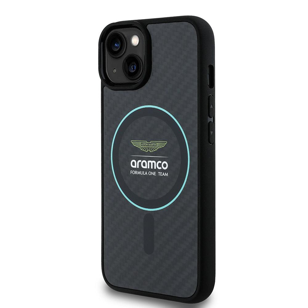 Apple iPhone 14 Kılıf Aston Martin Orjinal Lisanslı M-safe Şarj Özellikli Renkli Halka ve Karbon Fiber Tasarımlı Kapak Siyah-Yeşil