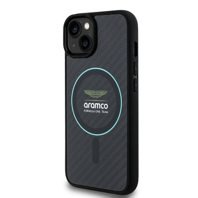 Apple iPhone 14 Kılıf Aston Martin Orjinal Lisanslı M-safe Şarj Özellikli Renkli Halka ve Karbon Fiber Tasarımlı Kapak Siyah-Yeşil