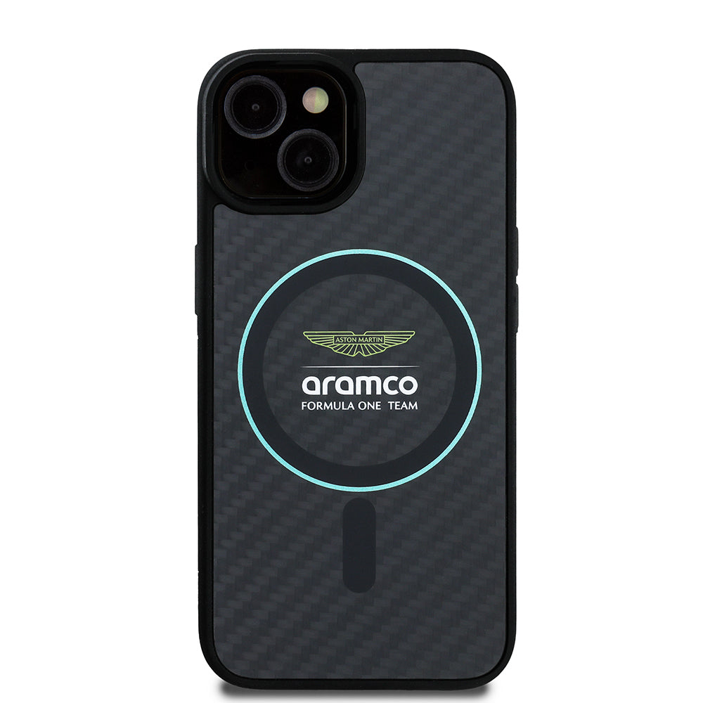 Apple iPhone 14 Kılıf Aston Martin Orjinal Lisanslı M-safe Şarj Özellikli Renkli Halka ve Karbon Fiber Tasarımlı Kapak Siyah-Yeşil