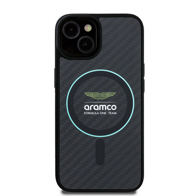 Apple iPhone 14 Kılıf Aston Martin Orjinal Lisanslı M-safe Şarj Özellikli Renkli Halka ve Karbon Fiber Tasarımlı Kapak Siyah-Yeşil