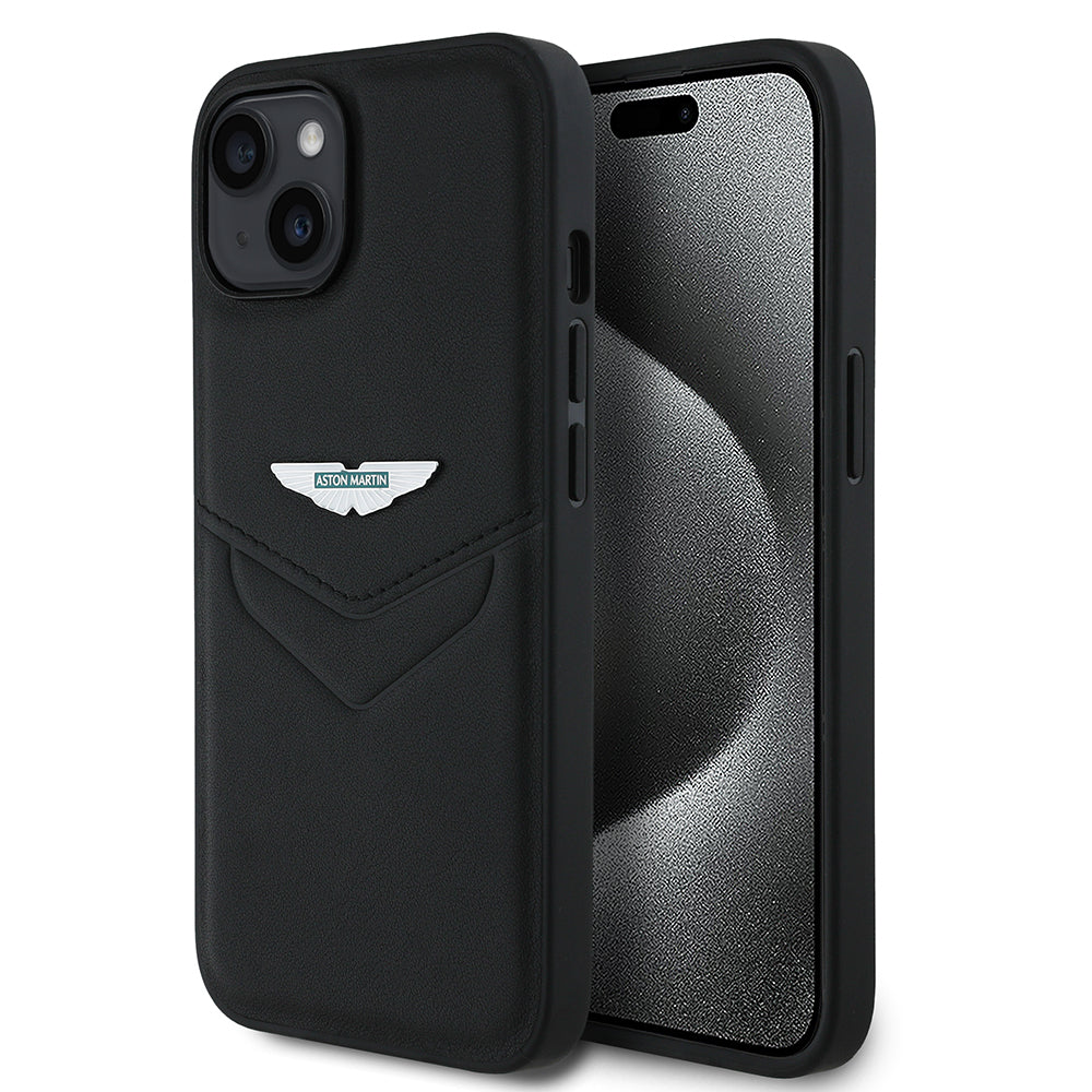 Apple iPhone 14 Kılıf Aston Martin Orjinal Lisanslı Victory Dizayn PU Deri Metal Logolu Kapak Siyah