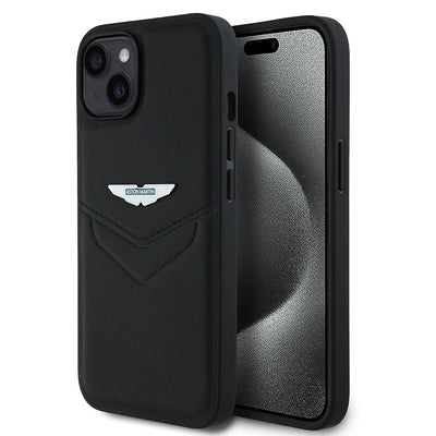 Apple iPhone 14 Kılıf Aston Martin Orjinal Lisanslı Victory Dizayn PU Deri Metal Logolu Kapak Siyah