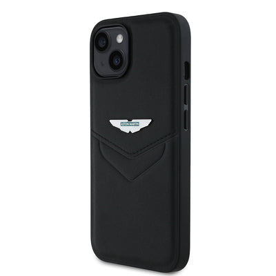 Apple iPhone 14 Kılıf Aston Martin Orjinal Lisanslı Victory Dizayn PU Deri Metal Logolu Kapak Siyah