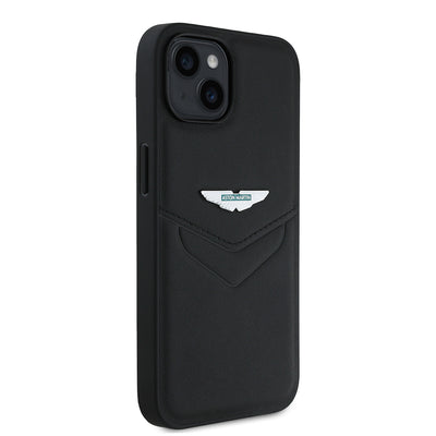 Apple iPhone 14 Kılıf Aston Martin Orjinal Lisanslı Victory Dizayn PU Deri Metal Logolu Kapak Siyah