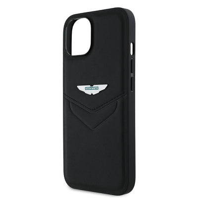 Apple iPhone 14 Kılıf Aston Martin Orjinal Lisanslı Victory Dizayn PU Deri Metal Logolu Kapak Siyah