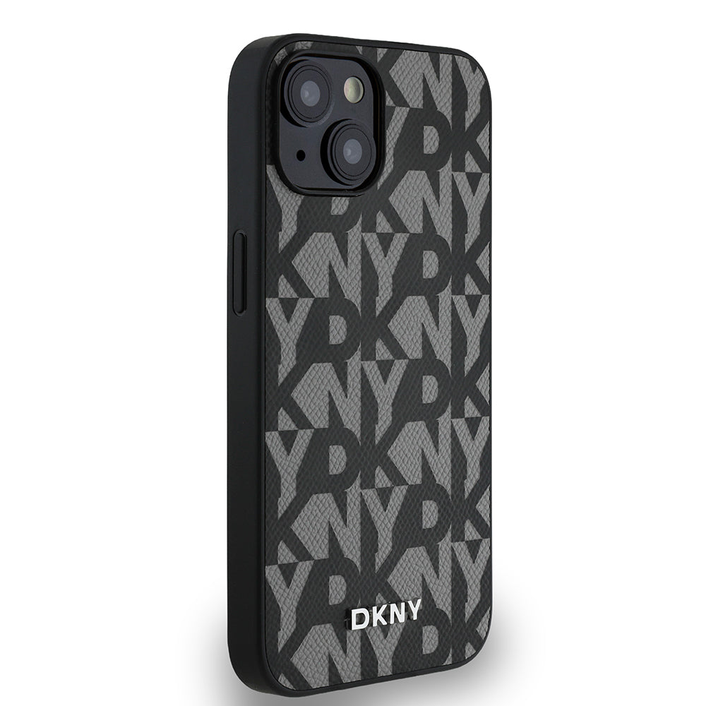 Apple iPhone 14 Kılıf DKNY Orjinal Lisanslı M-safe Şarj Özellikli 3D Yazılı Grid Pattern Kapak Kahverengi