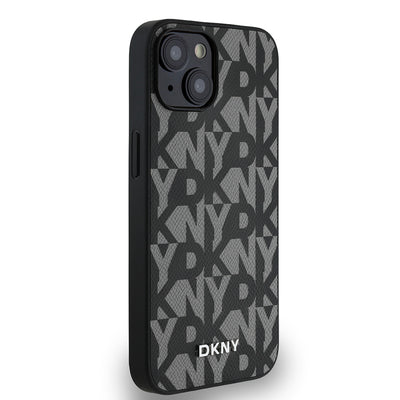 Apple iPhone 14 Kılıf DKNY Orjinal Lisanslı M-safe Şarj Özellikli 3D Yazılı Grid Pattern Kapak Kahverengi