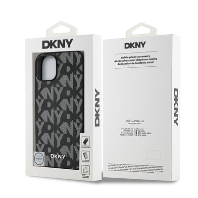 Apple iPhone 14 Kılıf DKNY Orjinal Lisanslı M-safe Şarj Özellikli 3D Yazılı Grid Pattern Kapak Kahverengi