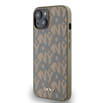 Apple iPhone 14 Kılıf DKNY Orjinal Lisanslı M-safe Şarj Özellikli 3D Yazılı Grid Pattern Kapak Kahverengi