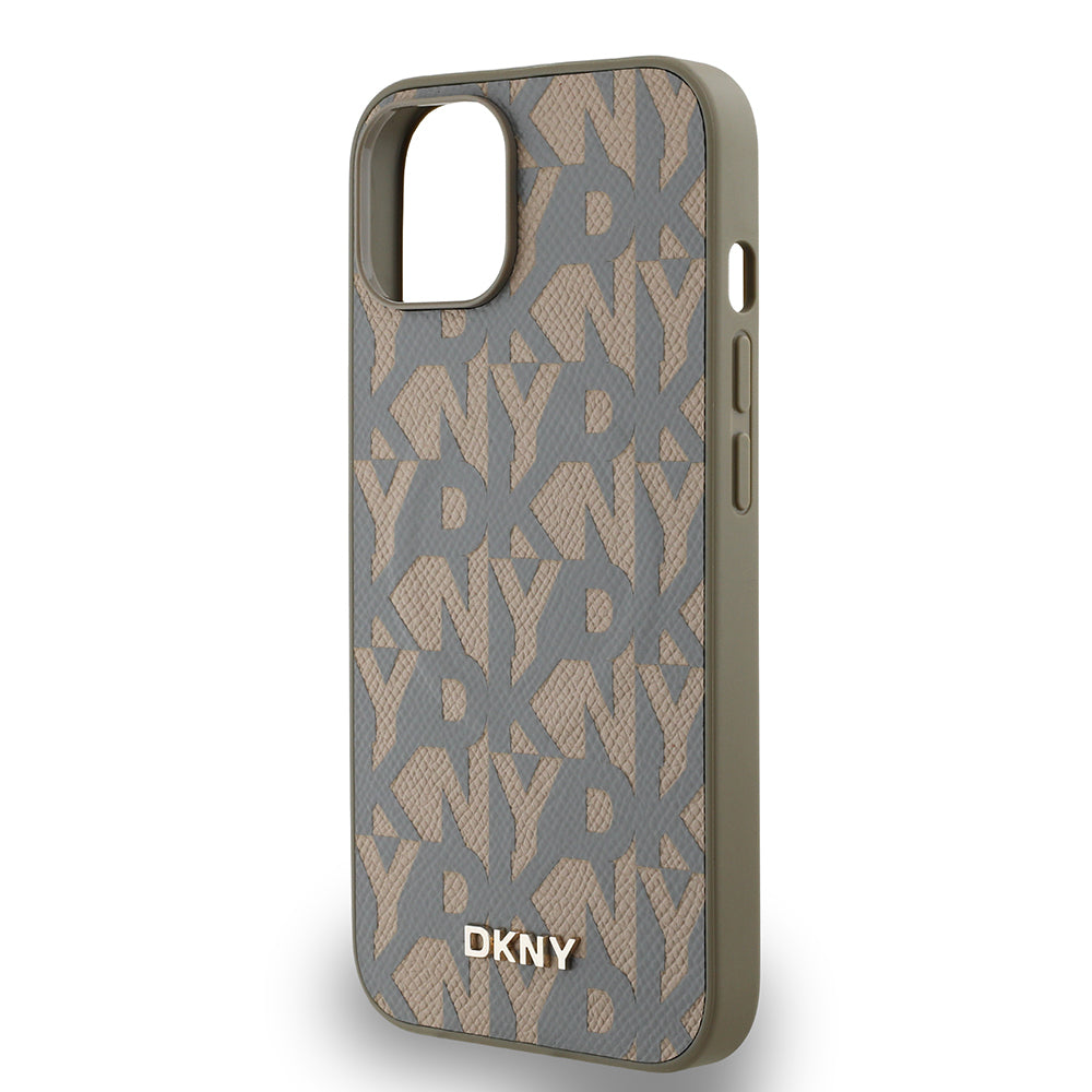 Apple iPhone 14 Kılıf DKNY Orjinal Lisanslı M-safe Şarj Özellikli 3D Yazılı Grid Pattern Kapak Kahverengi