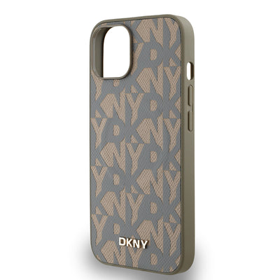 Apple iPhone 14 Kılıf DKNY Orjinal Lisanslı M-safe Şarj Özellikli 3D Yazılı Grid Pattern Kapak Kahverengi