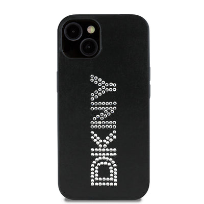 Apple iPhone 14 Kılıf DKNY Orjinal Lisanslı Taşlı DKNY Yazılı Metalik Rhinestones PU Deri Kapak Siyah