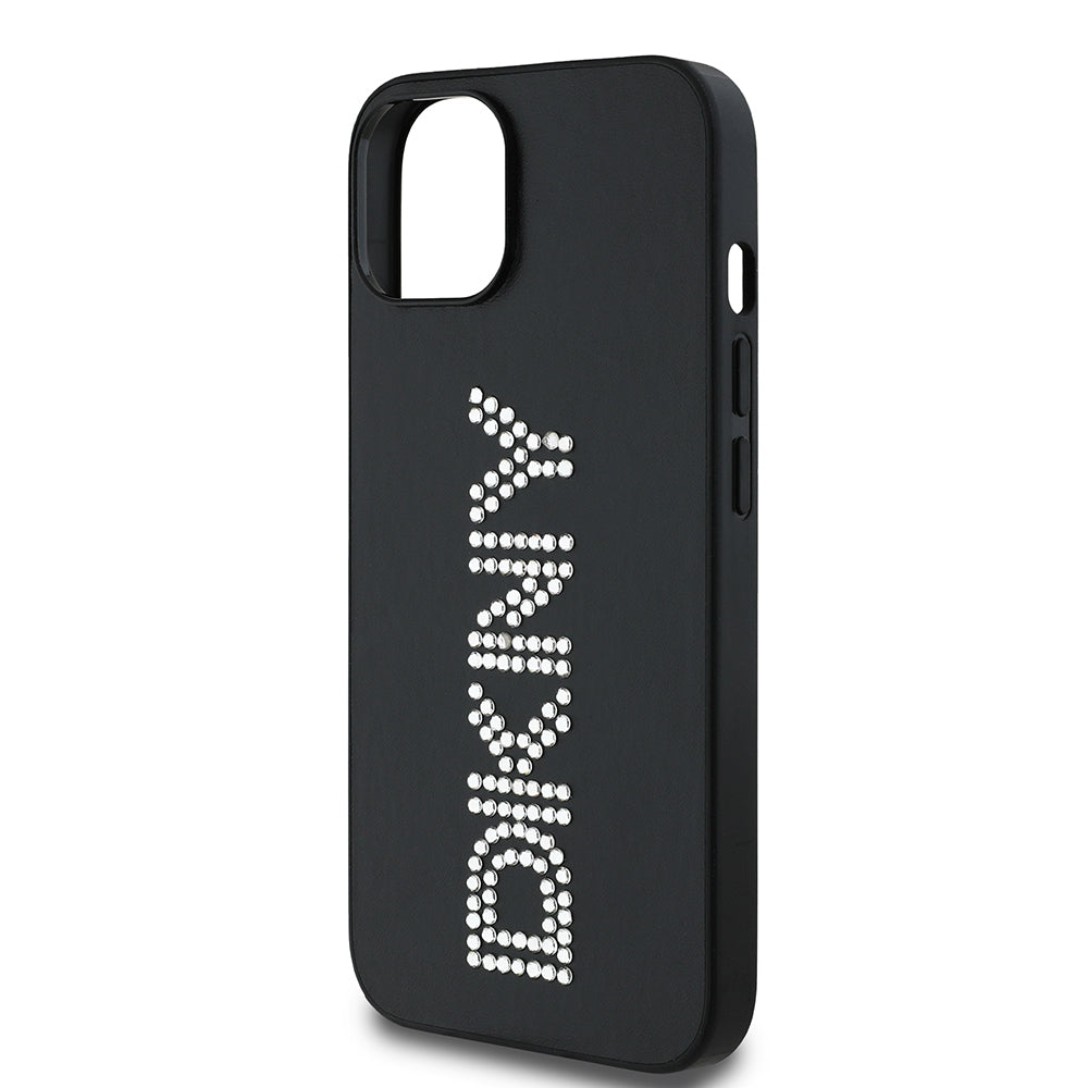 Apple iPhone 14 Kılıf DKNY Orjinal Lisanslı Taşlı DKNY Yazılı Metalik Rhinestones PU Deri Kapak Siyah