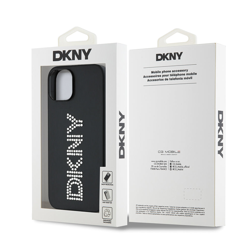 Apple iPhone 14 Kılıf DKNY Orjinal Lisanslı Taşlı DKNY Yazılı Metalik Rhinestones PU Deri Kapak Siyah