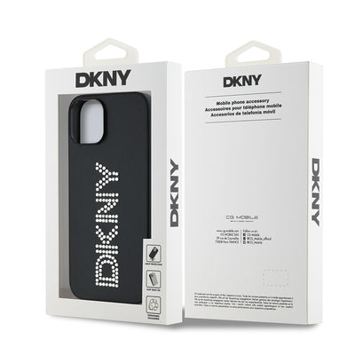Apple iPhone 14 Kılıf DKNY Orjinal Lisanslı Taşlı DKNY Yazılı Metalik Rhinestones PU Deri Kapak Siyah