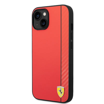 iPhone 14 Kılıf Ferrari Orjinal Lisanslı M-safe Şarj Özellikli Pu Deri Ve Karbon Şeritli Dizayn Kılıf