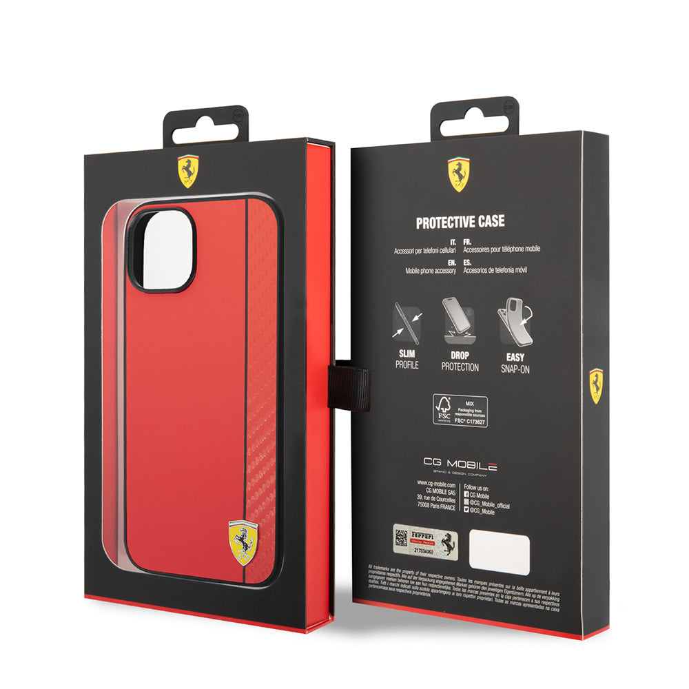 iPhone 14 Kılıf Ferrari Orjinal Lisanslı M-safe Şarj Özellikli Pu Deri Ve Karbon Şeritli Dizayn Kılıf