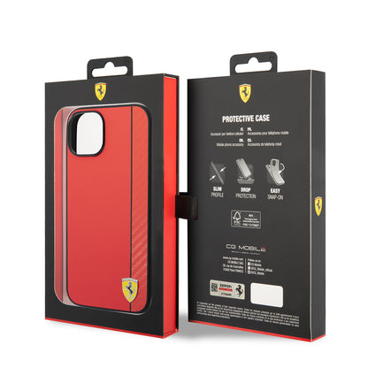 iPhone 14 Kılıf Ferrari Orjinal Lisanslı M-safe Şarj Özellikli Pu Deri Ve Karbon Şeritli Dizayn Kılıf