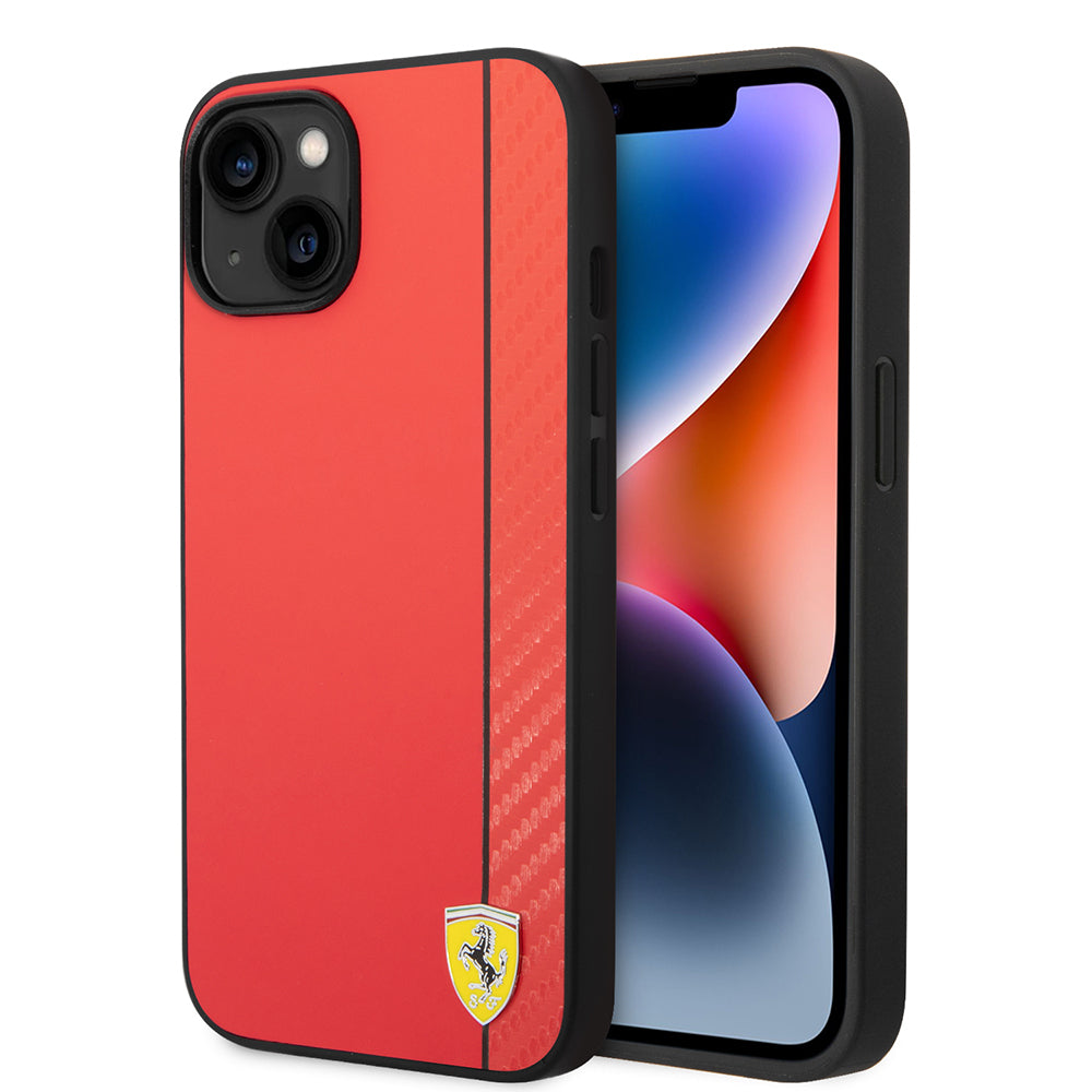 Apple iPhone 14 Kılıf Ferrari Orjinal Lisanslı Magsafe Şarj Özellikli Pu Deri Ve Karbon Şeritli Dizayn Kapak Kırmızı