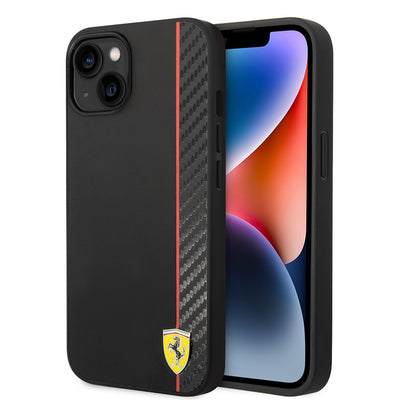 Apple iPhone 14 Kılıf Ferrari Orjinal Lisanslı Magsafe Şarj Özellikli Pu Deri Ve Karbon Şeritli Dizayn Kapak Kırmızı
