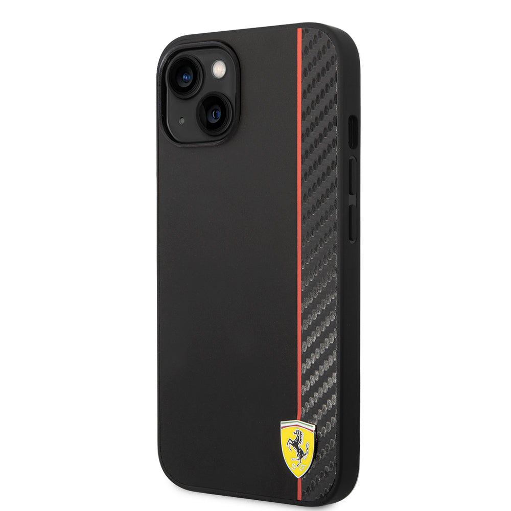 iPhone 14 Kılıf Ferrari Orjinal Lisanslı M-safe Şarj Özellikli Pu Deri Ve Karbon Şeritli Dizayn Kılıf