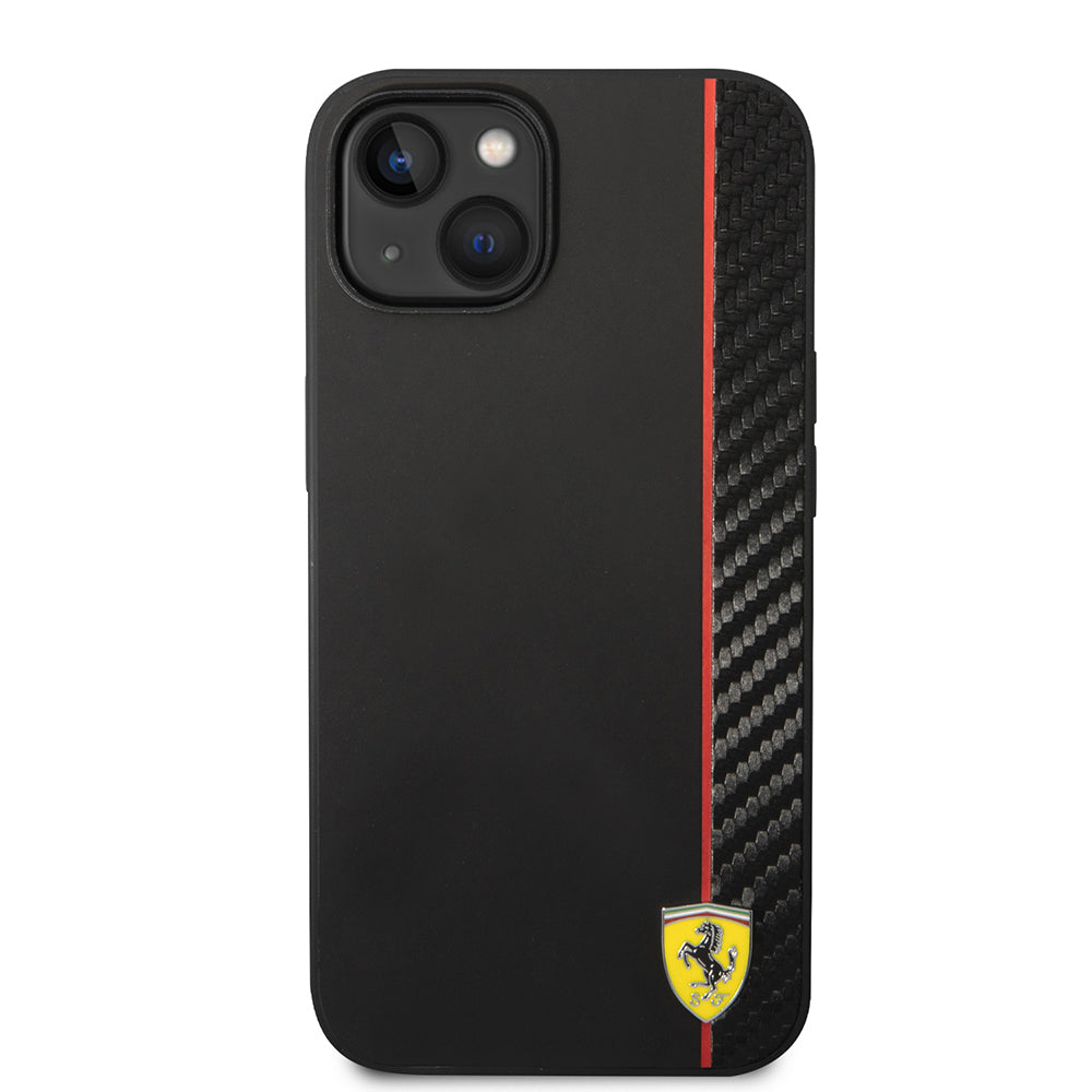 iPhone 14 Kılıf Ferrari Orjinal Lisanslı M-safe Şarj Özellikli Pu Deri Ve Karbon Şeritli Dizayn Kılıf