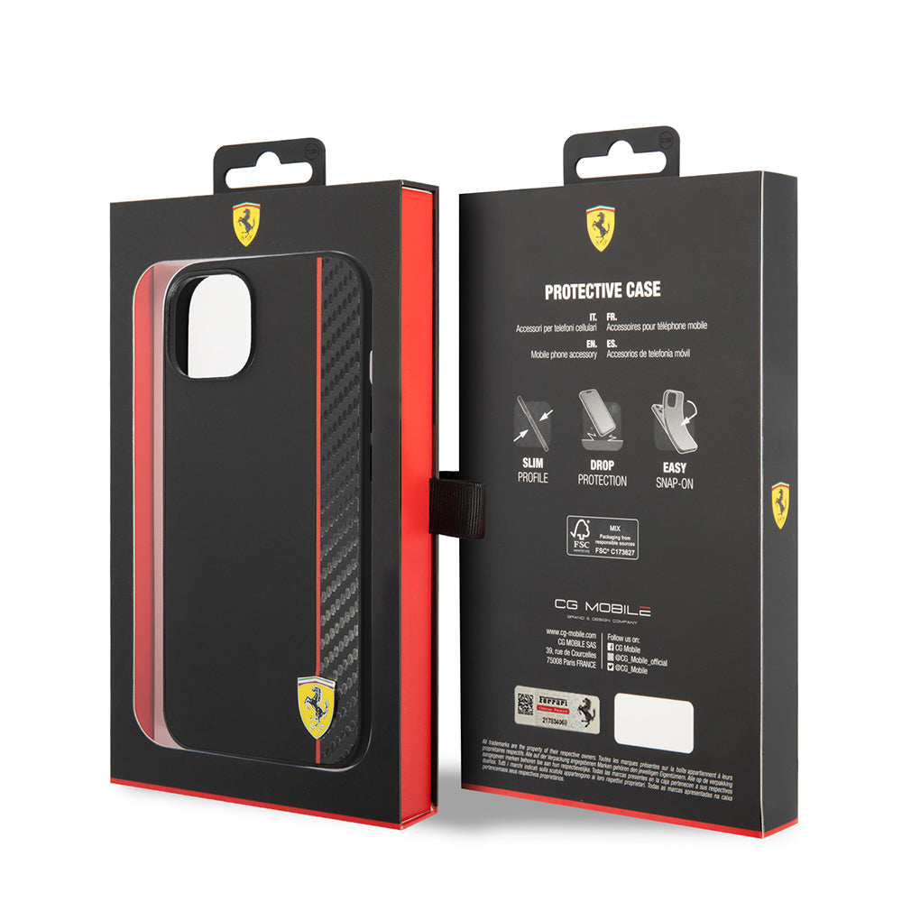 iPhone 14 Kılıf Ferrari Orjinal Lisanslı M-safe Şarj Özellikli Pu Deri Ve Karbon Şeritli Dizayn Kılıf