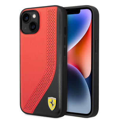 Apple iPhone 14 Kılıf Ferrari Orjinal Lisanslı Metal Logolu Deri Delikli Dikişli Dizayn Kapak Kırmızı