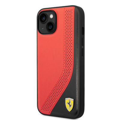 Apple iPhone 14 Kılıf Ferrari Orjinal Lisanslı Metal Logolu Deri Delikli Dikişli Dizayn Kapak Kırmızı