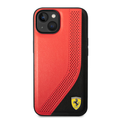 Apple iPhone 14 Kılıf Ferrari Orjinal Lisanslı Metal Logolu Deri Delikli Dikişli Dizayn Kapak Kırmızı