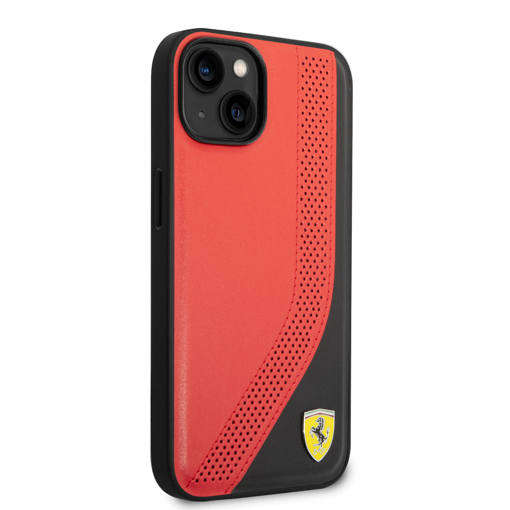 Apple iPhone 14 Kılıf Ferrari Orjinal Lisanslı Metal Logolu Deri Delikli Dikişli Dizayn Kapak Kırmızı